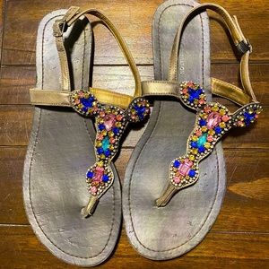 💎👑Pre-Loved Gorgeous BCBGENERATION Gold & Stones Strappy Sandals SZ 9B/39💎👑